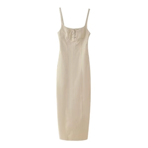 Chic beige spaghetti strap midi dress with tie-front detail and minimalist H-line cut