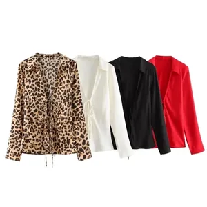 Women's bow-tie satin long sleeve shirt in leopard print, black, white, and red colors