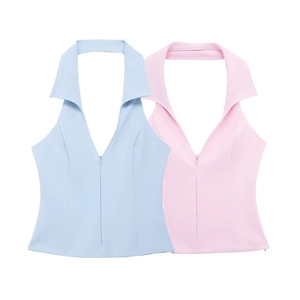 Women summer halter neck top with V-neck collar and front zipper in pink and blue