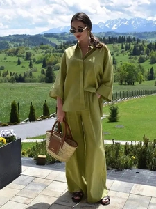 Damen Casual Leinen Optik Hemd Und Weite Hose Entspanntes Mode Loungewear Outfit Langarm Knopfleiste Hohe Taille Oberteile