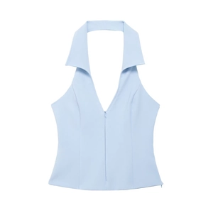 Light blue halter neck vest with notch lapel and slim fit design for women's summer fashion