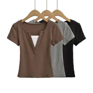 T-Shirt pour Femmes Sexy Coupe Ajustée Col en V Design Superposé Nervuré Manches Courtes Bloc de Couleur Crop Top Mode Été