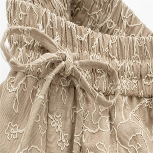 Women's summer khaki embroidered drawstring shorts with elastic waist and floral pattern