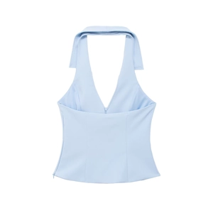Elegant light blue halter neck top for women with V-neckline and collar detail