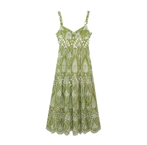 Elegant green midi dress with white bohemian embroidery and tiered skirt for summer