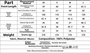 Tableau des tailles détaillé pour ensemble chemise brodée et pantalon en 100% polyester