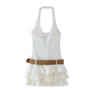 Elegant white halter neck dress with layered ruffle skirt and dark brown waist belt
