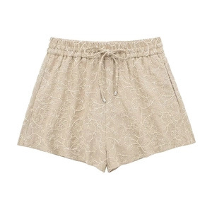 Women's summer beige embroidered shorts with elastic drawstring waist and floral patterns