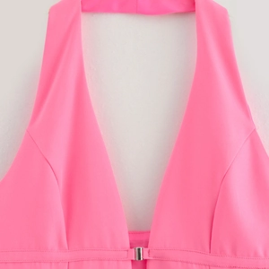 Women Halter Neck Deep V Buckle Vest Streetwear Neon Pink Sleeveless Crop Top Summer Fashion Sexy Backless Solid Tank Top