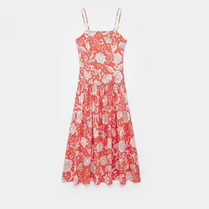 Women Summer Tropical Floral Spaghetti Strap Dress A-Line Elegant Square Neck Vacation Coral Red Maxi Dress