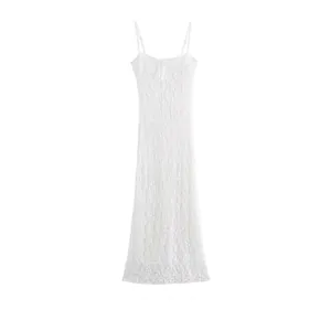 Damen Elegant Weiß Spitze Träger Maxikleid Sexy Slim Fit Schleife Rückenfrei Ärmellos Langes Kleid Für Sommer Party Urlaub