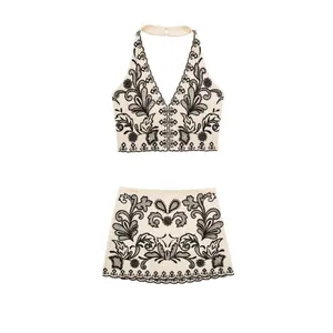 Women Halter Crop Top And Mini Skirt Embroidery Floral Bohemian Style Vacation Summer Outfits Elegant Sleeveless Apparel