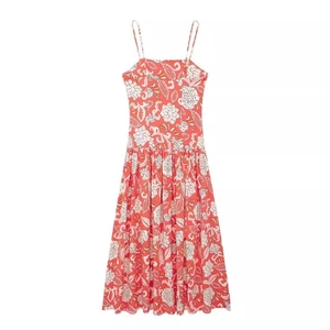 Women's summer floral spaghetti strap midi dress with coral orange print and square neck