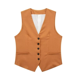 Women's V-neck caramel linen blend waistcoat with single-breasted buttons and pockets