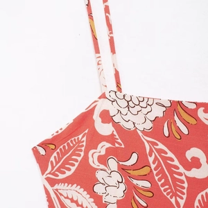 Red floral print camisole summer dress with thin straps and breathable cotton fabric