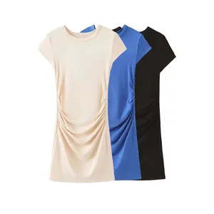 Women Slim Fit Short Sleeve Knit Dress Ruched Round Neck Mini Dress Bodycon Solid Color Summer Streetwear Casual Dress