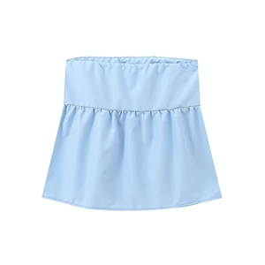 Detailed view of light blue ruffled skirt extender with pleated chiffon fabric and elastic waist