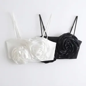 Women Satin Crop Top 3D Rose Flower Decor Sleeveless Cami Top Adjustable Strap Street Style Party Fashion Tank Top