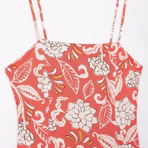 Women's summer floral print camisole dress with coral base and vintage pattern