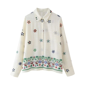 Chemisier femme en coton lin blanc avec broderies florales colorées à manches longues