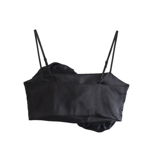 Elegant black satin crop top with thin adjustable straps and embossed floral texture