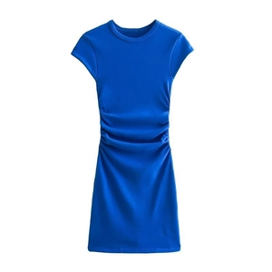 Modern royal blue slim fit knit dress with crew neck and side ruched detailing