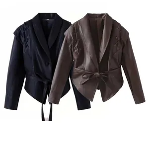 Women Fashion Faux Leather Coat Shawl Collar Lace-up Shoulder Belted Jacket Casual Asymmetric Hem PU Leather Outerwear For Autumn Winter