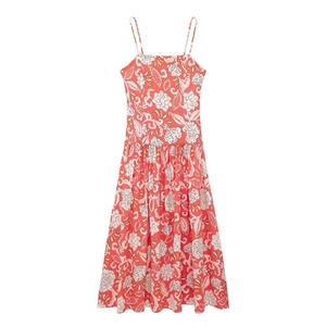 Women summer floral camisole dress in coral red with vintage flower print patterns