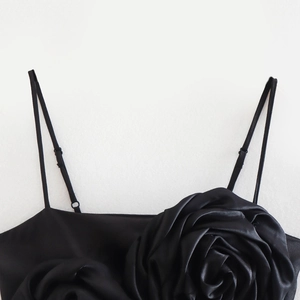 Women black satin camisole top with 3D embossed floral decoration and adjustable straps