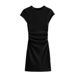 Women's chic black short sleeve knit dress featuring a slim fit and waist pleat design