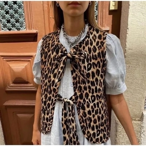 Gilet Matelassé Femme Vintage Imprimé Léopard Avec Nœud Veste Sans Manches Streetwear Décontracté