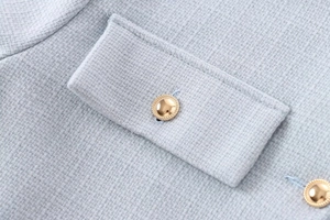Nahaufnahme der hellblauen Tweed-Jacke mit dekorativem Goldknopf an der Taschenklappe