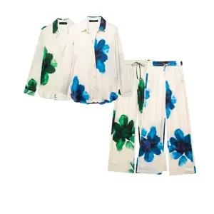 Tenues en Satin à Imprimé Floral pour Femmes Chemise à Boutons à Manches Longues et Pantalon Large Streetwear Chic