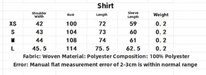 Detailed size chart for women's long sleeve shirt set featuring dimensions in XS to L sizes