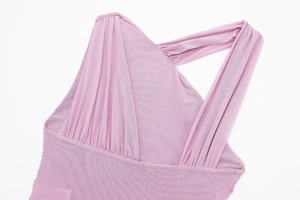 Detail of ruched tulle fabric on a mauve asymmetric vacation bodysuit for women