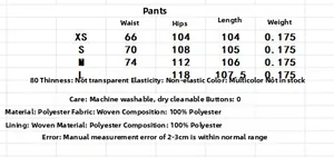 Detailed size chart for polyester straight-leg trousers with waist and hip measurements