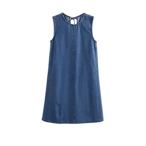 Women Summer Casual Sleeveless Denim Dress Round Neck A-Line Midi Dress Light Blue Washed Street Style Back Tie Splicing