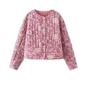 Women's Vintage Quilted Floral Cotton Jacket Round Neck Long Sleeve Lightweight Padded Short Coat Streetwear Daily Casual Outwear