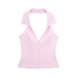 Pink halter neck V-neck vest top with crisp suit fabric and refined lapel design