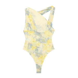 Detail of yellow one-shoulder swimsuit with floral pattern and ruched asymmetric design