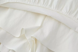 Detail of multi-layered ruffle hem on white summer dress with fine stitching and fabric texture