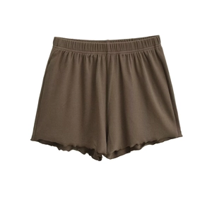 Women's dark brown ribbed knit shorts with elastic high waist and wavy hem details