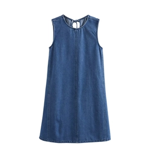 Summer light blue sleeveless denim dress with round neck and tie-back detail