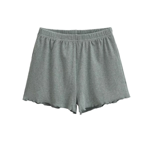 Women's gray ribbed knit wide-leg shorts with elastic waist and wavy lettuce hem details