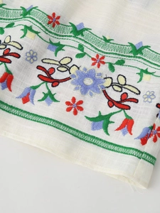 Gros plan d'une broderie florale colorée sur chemise blanche montrant les détails fins