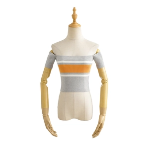 Short striped knit off-shoulder crop top in grey and orange for women's summer style
