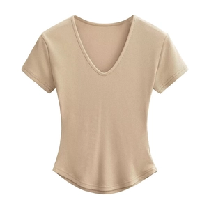Slim fit V-neck ribbed knit T-shirt for women featuring a curved hem in beige color
