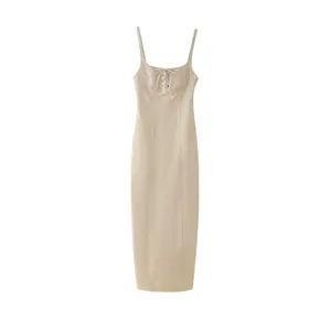 Women Spaghetti Strap Lace-up Midi Dress Square Neck Slim Fit Elegant Solid Color Bodycon Dress For Party Vacation