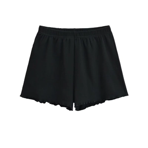 Women's black ribbed knit wide-leg shorts with elastic waist and ruffled hem edges