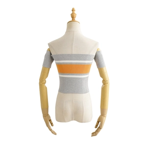 Women's 2024 summer striped knit crop top with grey white orange ribbed texture design